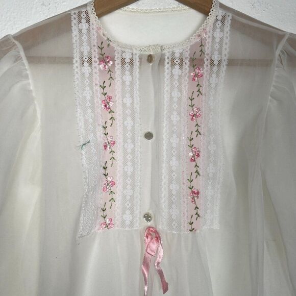 Vintage White Sheer Nightgown with Pink Floral Embroidered Embellishments Sz: S - Picture 6 of 9